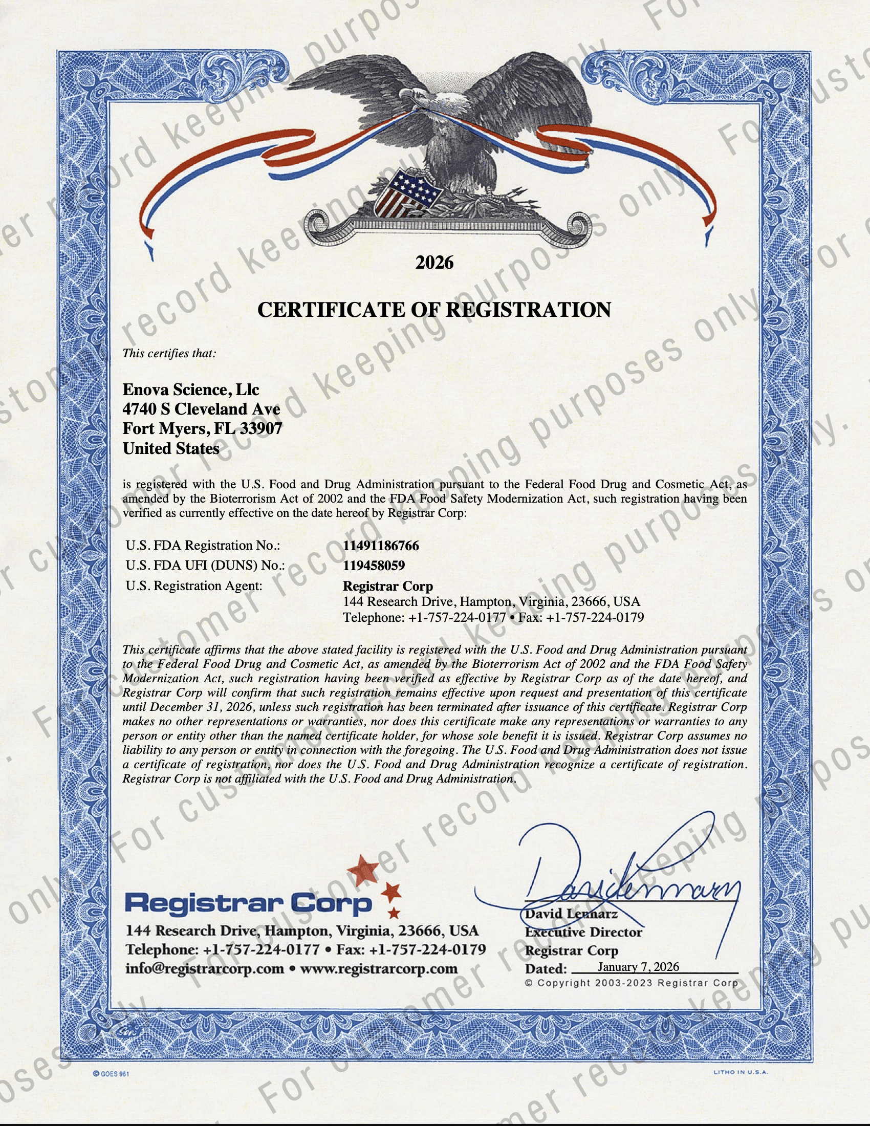 FDA Facility Registration Enova Science