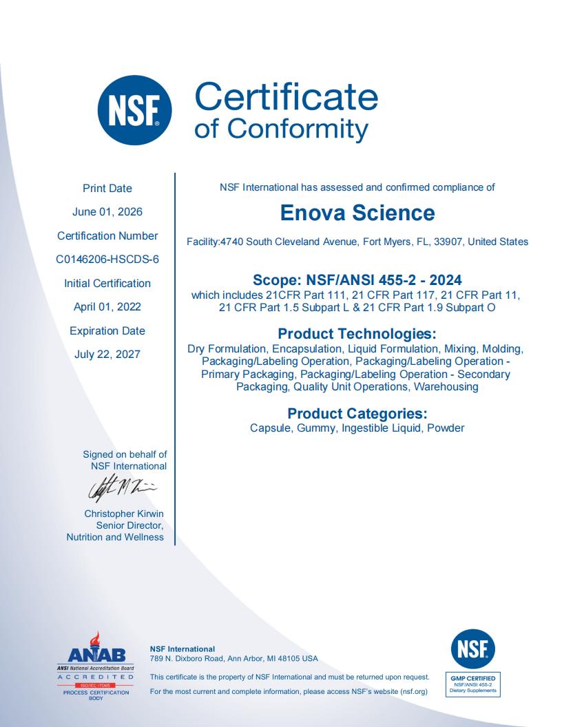 NSF International GMP Certificate Enova Science