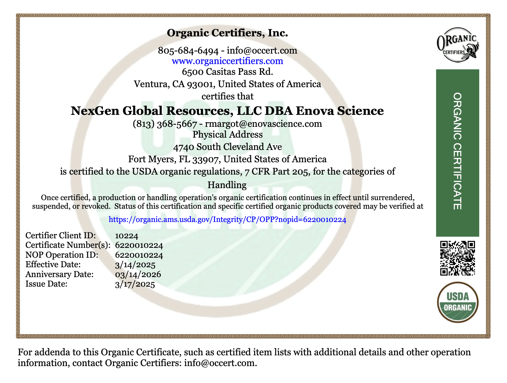 USDA Organic Certificate Enova Science