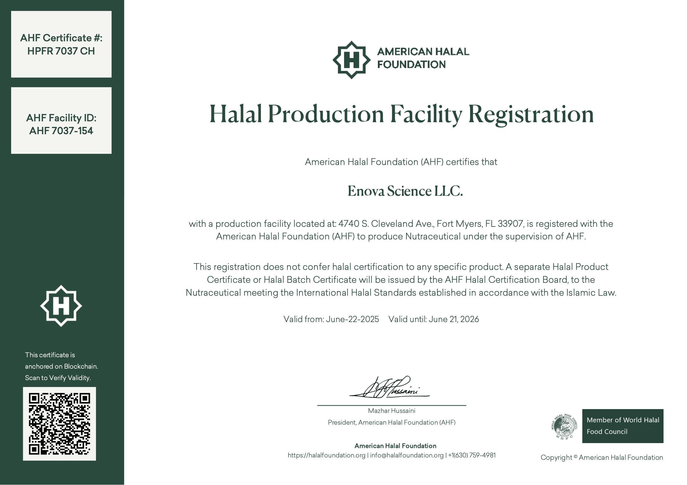 American Halal Foundation Certificate Enova Science